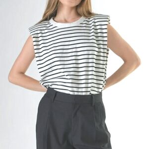 NWT Endless Rose Shoulder Pad Shirt Black White Stripe Sleeveless Tee Coastal